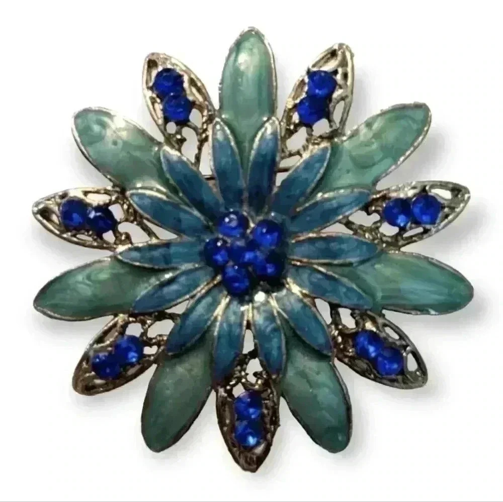 MCM statement piece Gold-tone Blue/teal  Enamel Rhinestone Flower Brooch